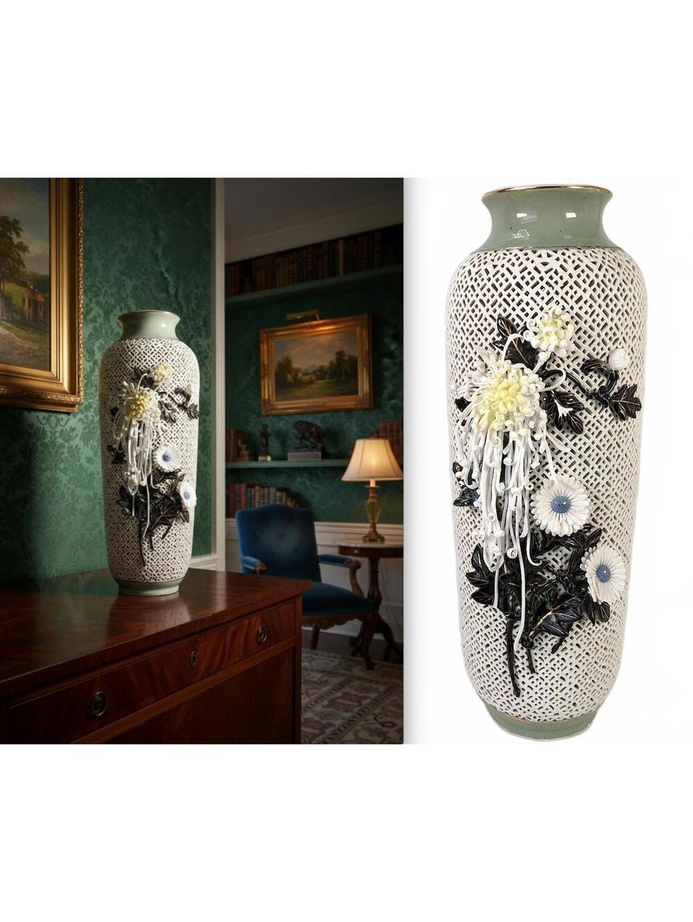 Ceramic Reticulated Decorative Vase China | Floral Appliqué